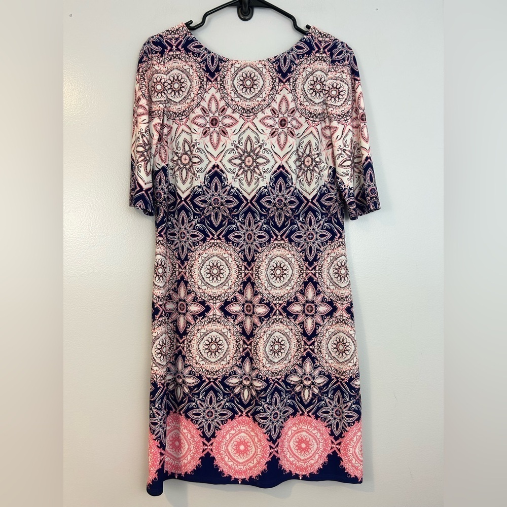 Eliza J Abstract Pink & Navy Mixed Print/Floral Short Sleeve Shift Dress Size 6